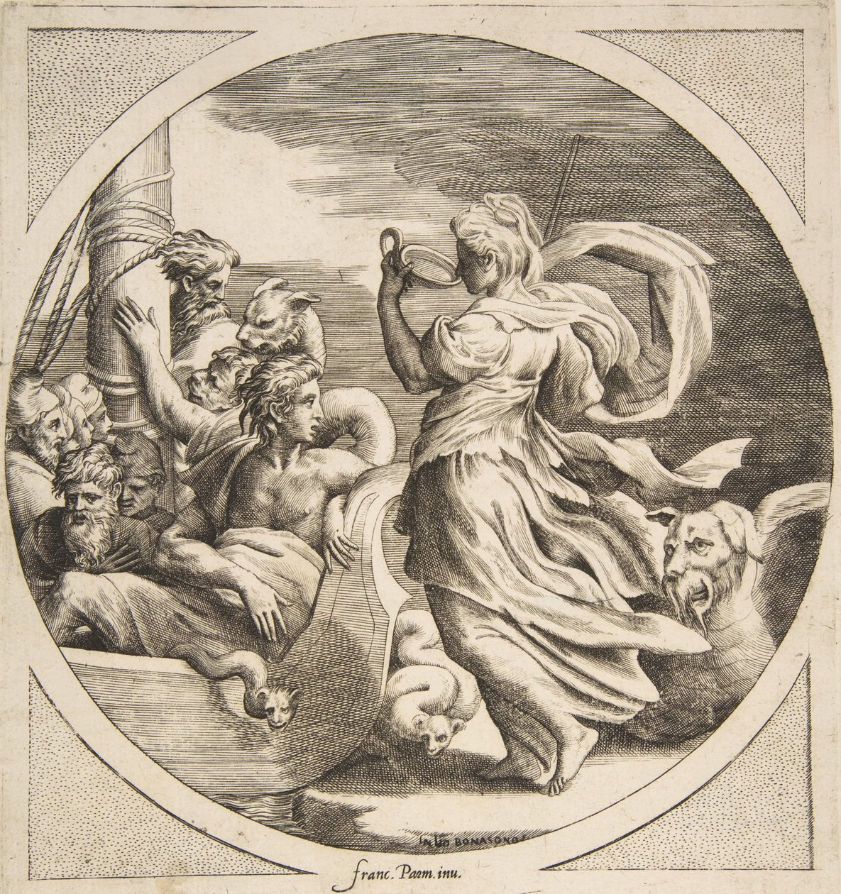 Circe drinkt uit een beker met de metgezellen van Odysseus in een boot links, 1531-1576 door Giulio Bonasone