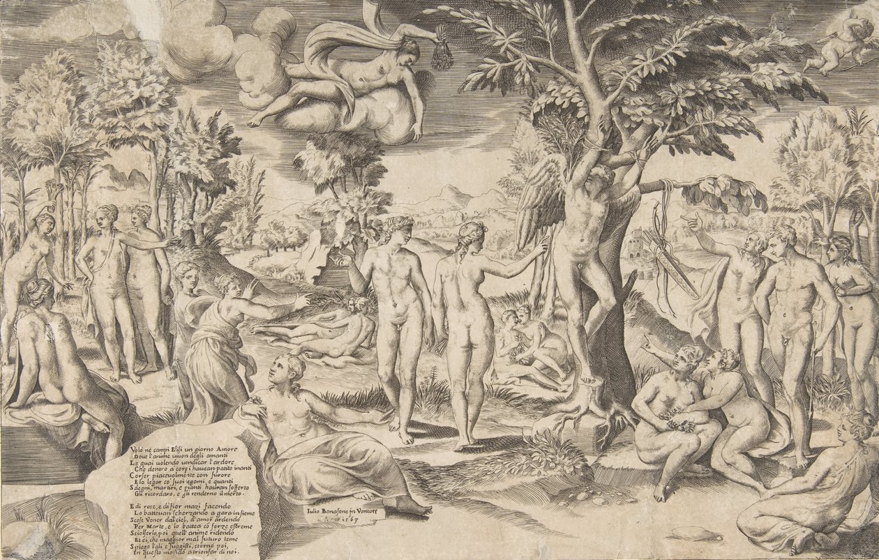 Cupido in de Elyseïsche Velden vastgebonden aan een boom, omringd door vele figuren door Giulio Bonasone