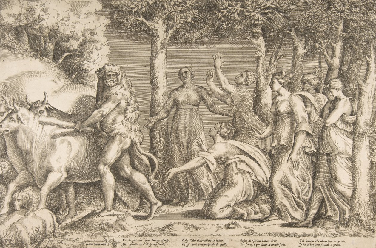 Hercules die het vee van Geryon verdrijft, rechts zijn de nimfen van Hesperides, 1531-76 door Giulio Bonasone