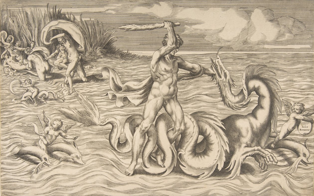 Hercules vecht met een draak in het midden, Achelous ontvoert Deianeira linksboven door Giulio Bonasone