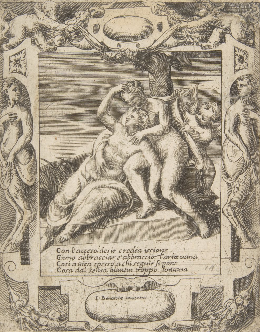 Ixion omhelst een wolk, denkend dat het Juno is, Cupido rechts, binnen een uitgebreide..., 1531-76 door Giulio Bonasone