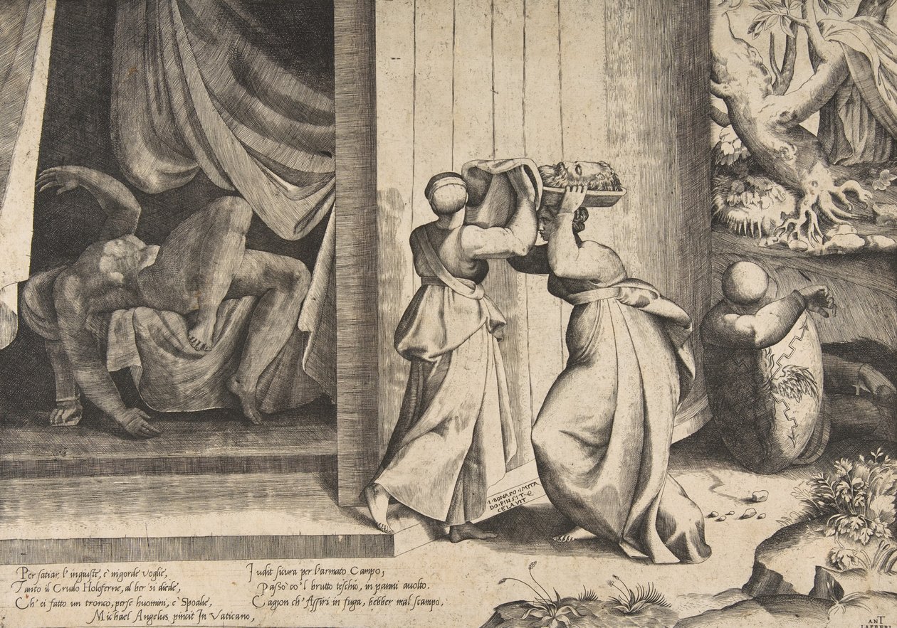 Judith geeft het hoofd van Holofernes aan haar dienstmaagd, de onthoofde Holofernes, 1531-76 door Giulio Bonasone