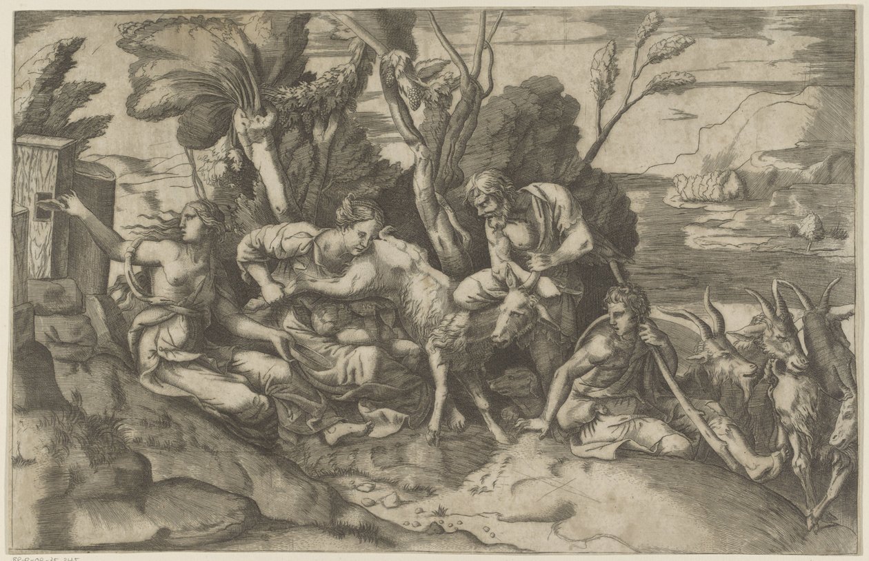 Jupiter gezoogd door de geit Amalthea door Giulio Bonasone