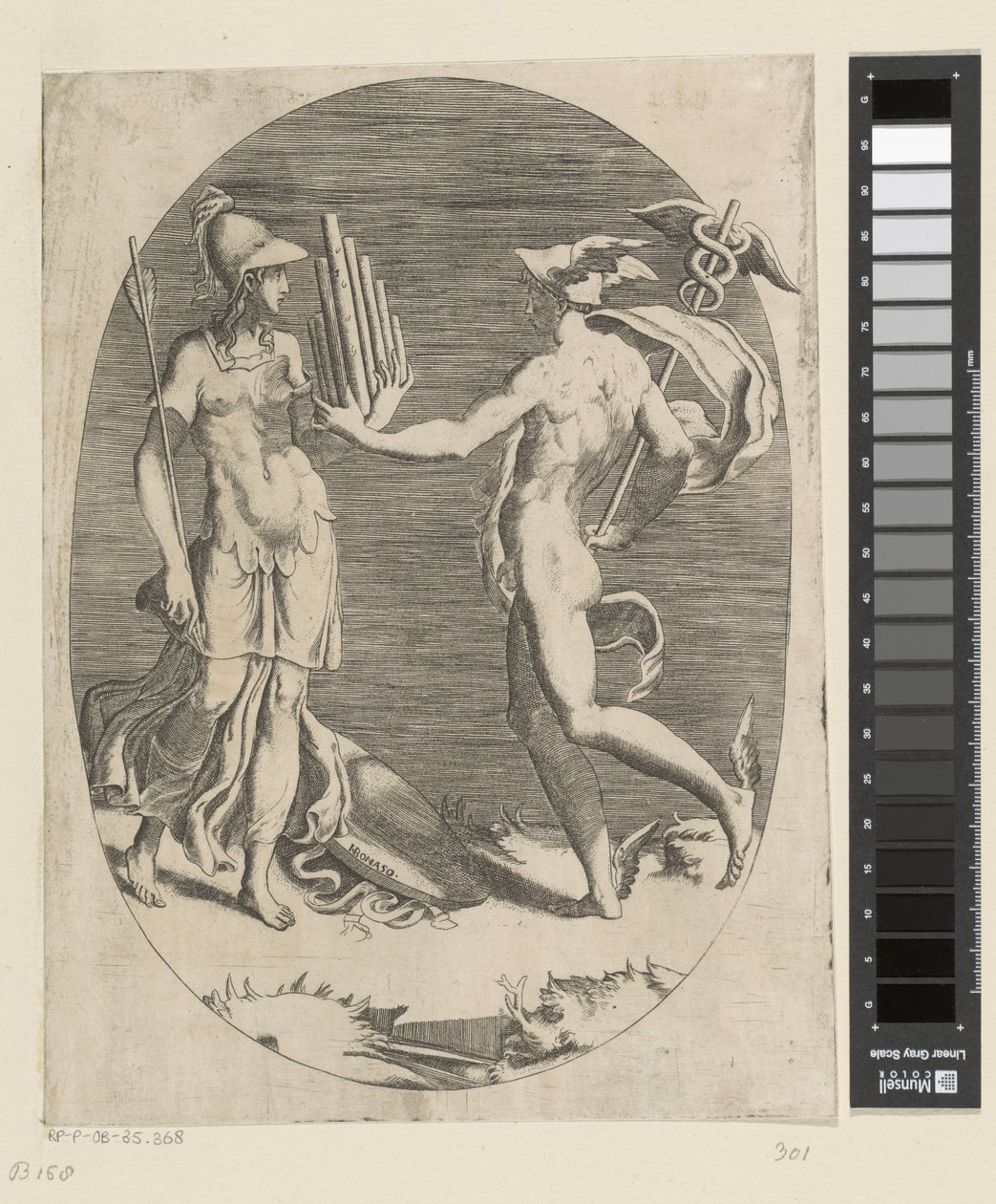 Mercurius geeft Minerva een panfluit door Giulio Bonasone