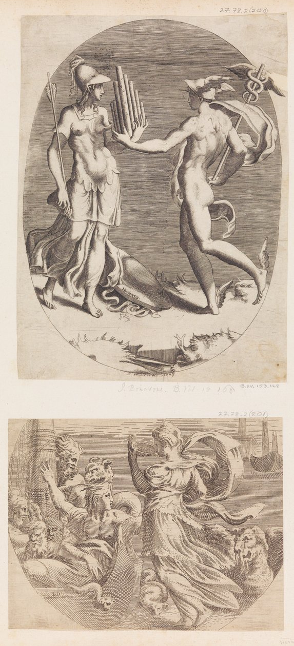Mercurius Geeft een Panfluit aan Minerva door Giulio Bonasone