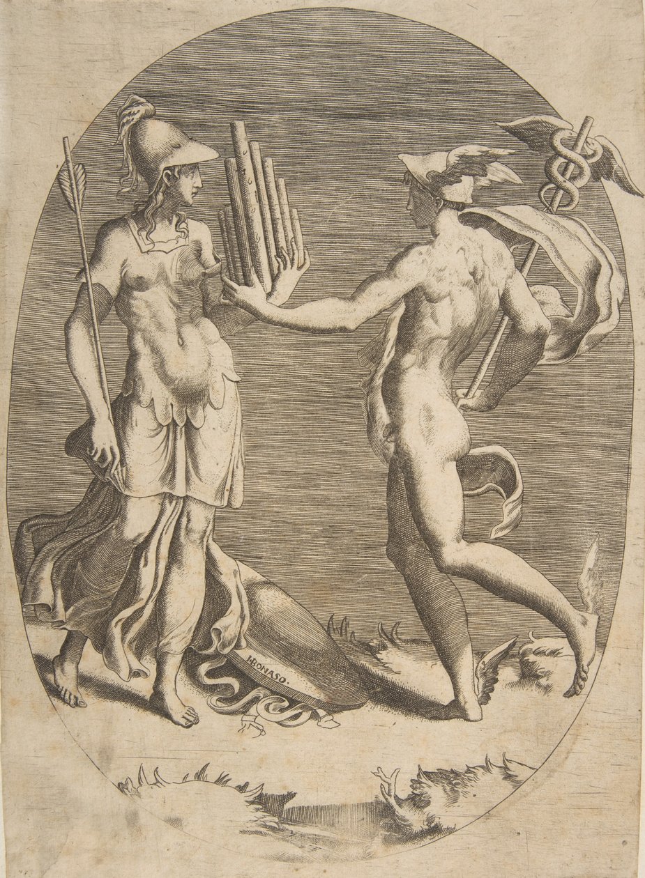 Mercurius presenteert een panfluit aan Minerva die links staat, een ovale compositie, 1531-76 door Giulio Bonasone
