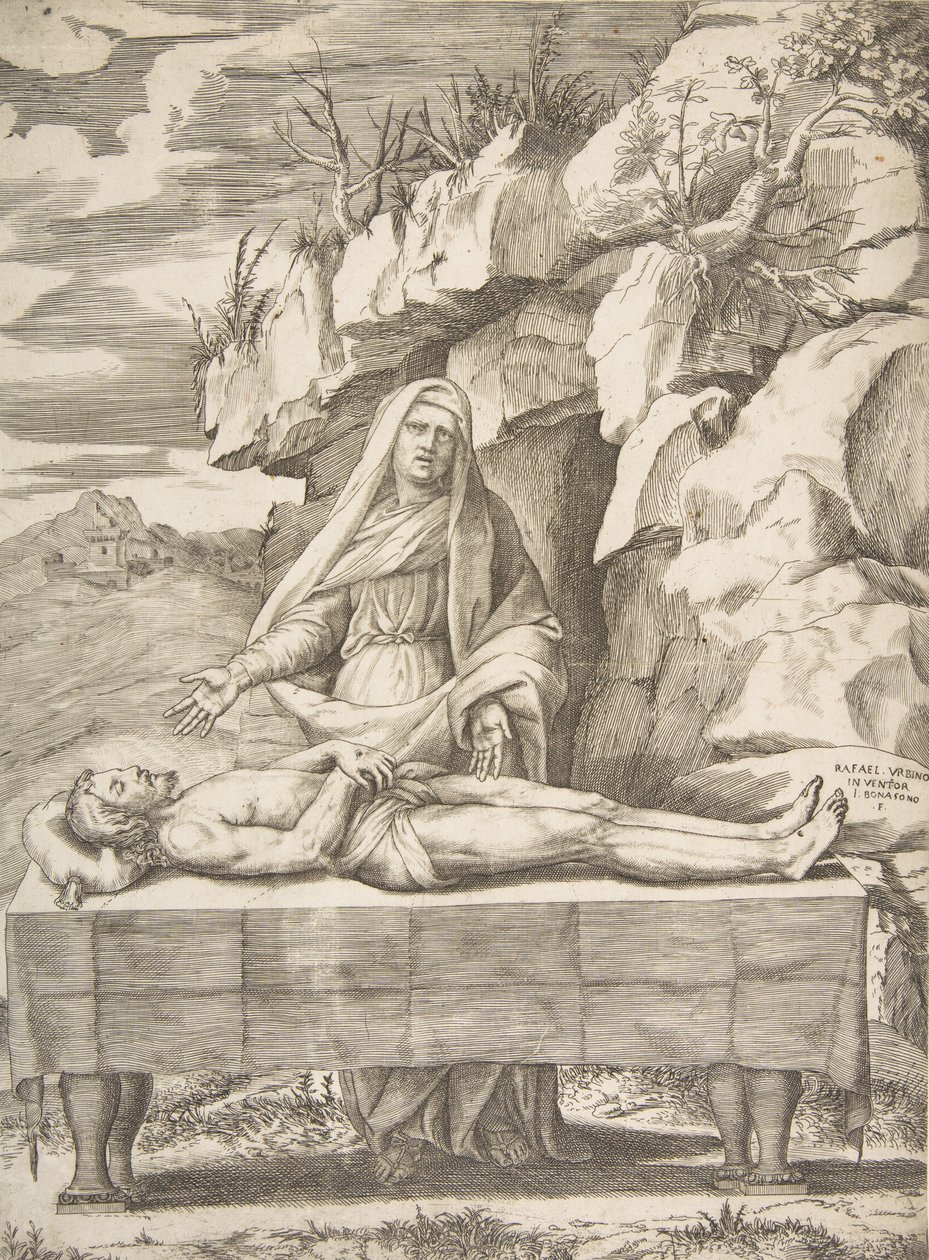 Pieta, Christus uitgestrekt op een tafel in een landschap, de Maagd staand achter met armen, 1531-76 door Giulio Bonasone