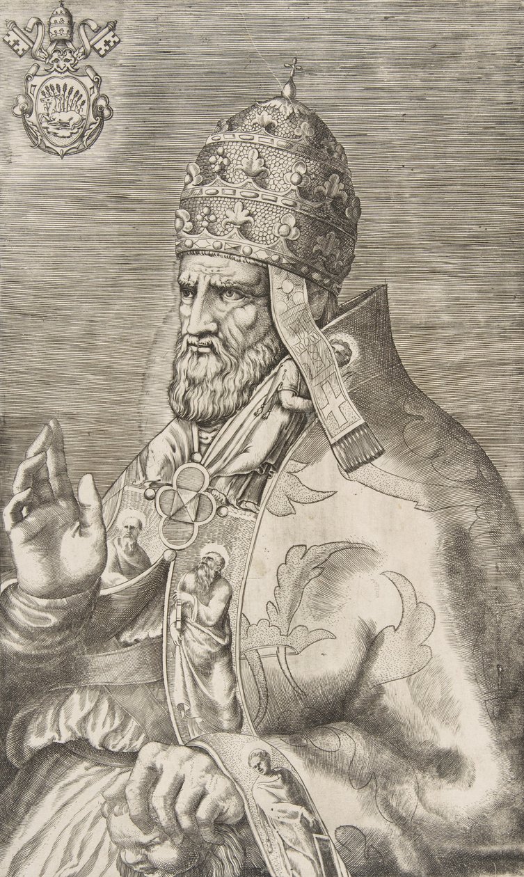 Portret van Paus Marcellus II, rechterhand opgeheven naar links, ca. 1555 door Giulio Bonasone