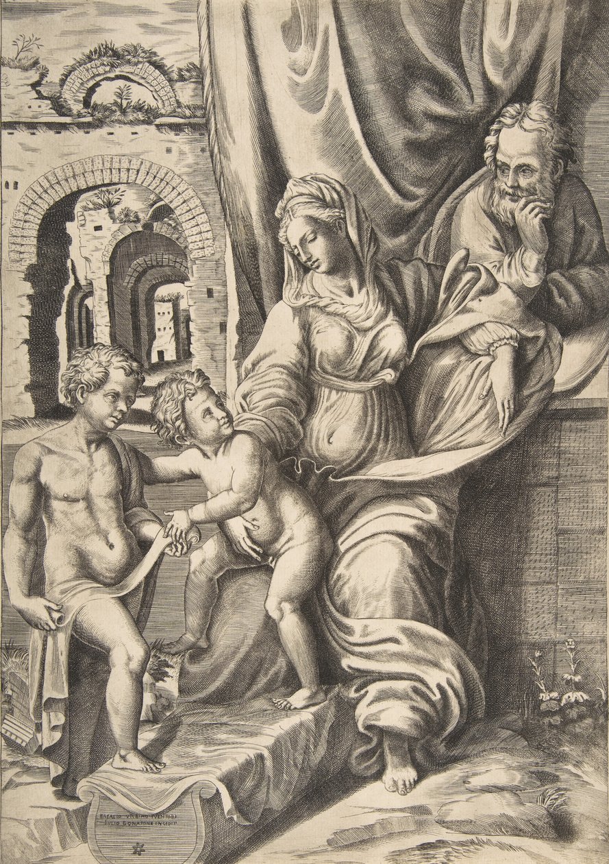 De Heilige Familie en de jonge Johannes de Doper door Giulio Bonasone