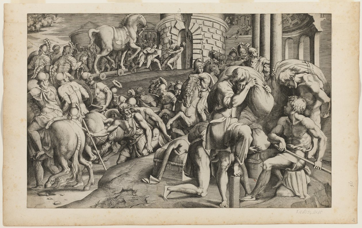 Het Trojaanse paard wordt de stad Troje binnen gesleept door Giulio Bonasone