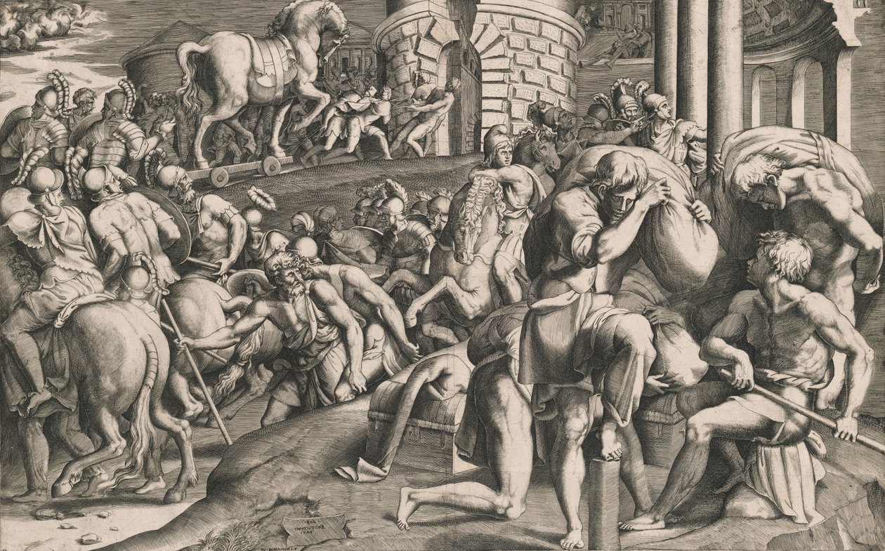 De Trojanen trekken het houten paard de stad in door Giulio Bonasone
