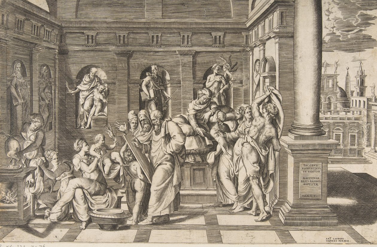 De geboorte van Sint Johannes de Doper in een klassiek gebouw door Giulio Bonasone