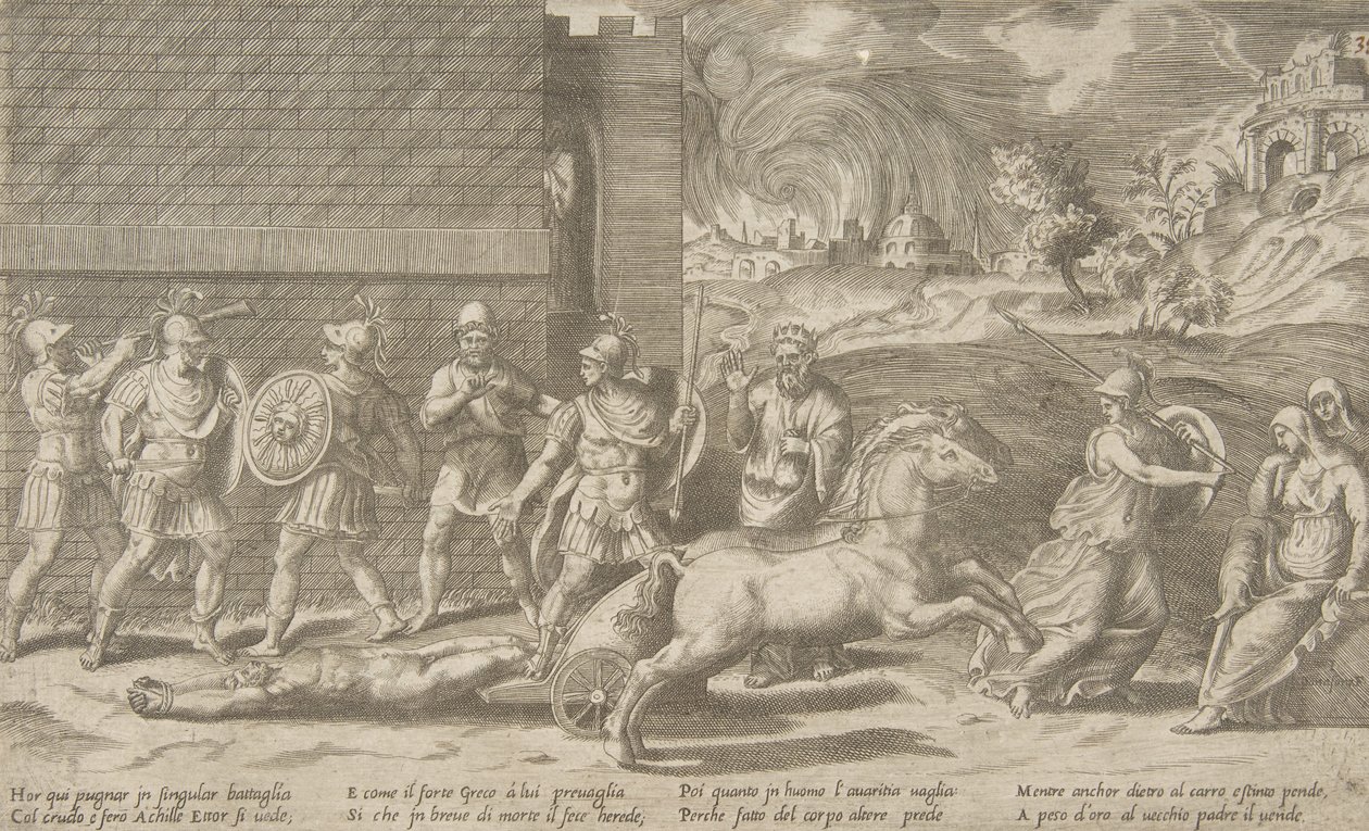 Het gevecht van Hector en Achilles, en Achilles die het lichaam van Hector rond sleept door Giulio Bonasone