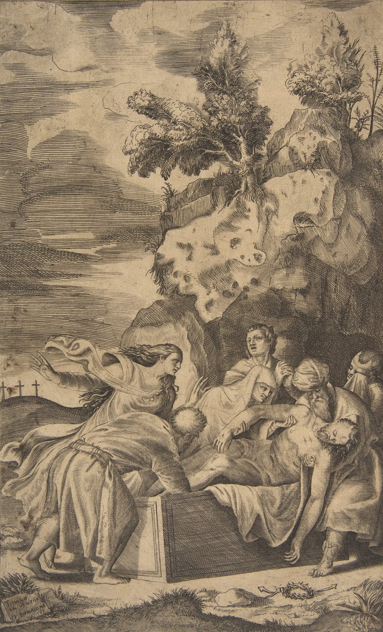 De graflegging van Christus, de kruisen op Calvarie zichtbaar op de achtergrond door Giulio Bonasone