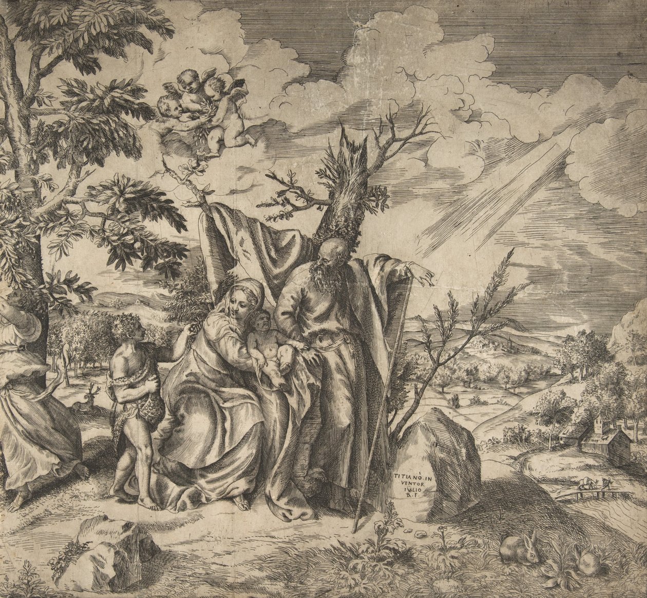De rust van de Heilige Familie op hun vlucht naar Egypte door Giulio Bonasone