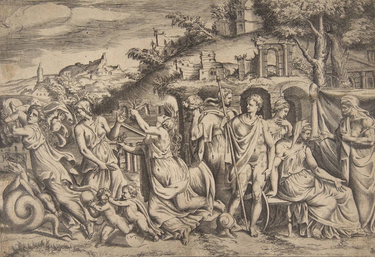 Het verhaal van Jason en Medea links draagt ze haar zoon, in het midden... , 1531-76 door Giulio Bonasone