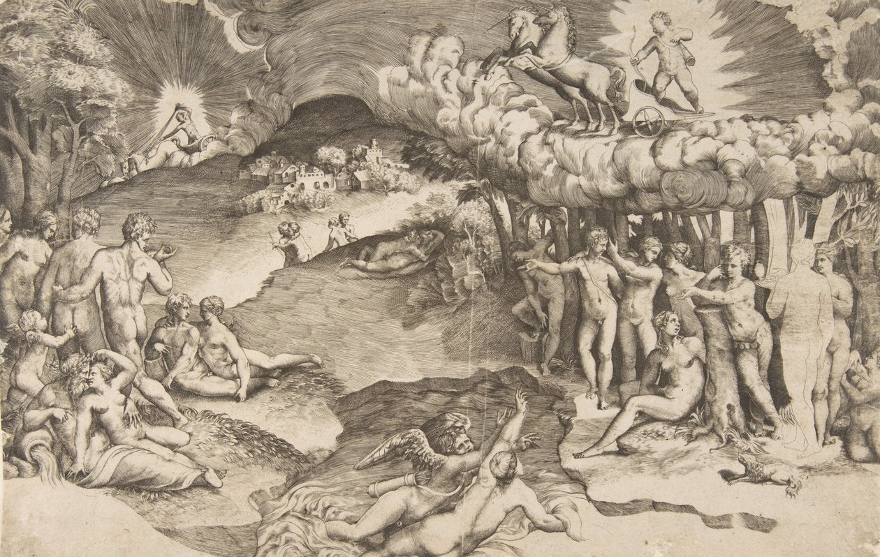 De triomf van de liefde, Cupido rijdt op een wagen getrokken door een eenhoorn door Giulio Bonasone