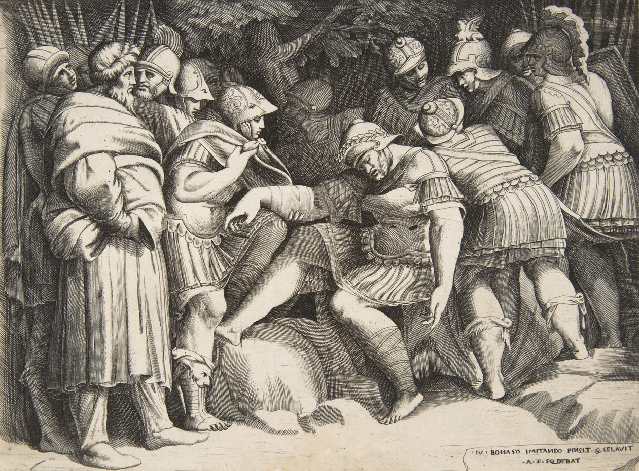 De Gewonde Soldaat Scipio in het Midden Omringd door Figuren door Giulio Bonasone