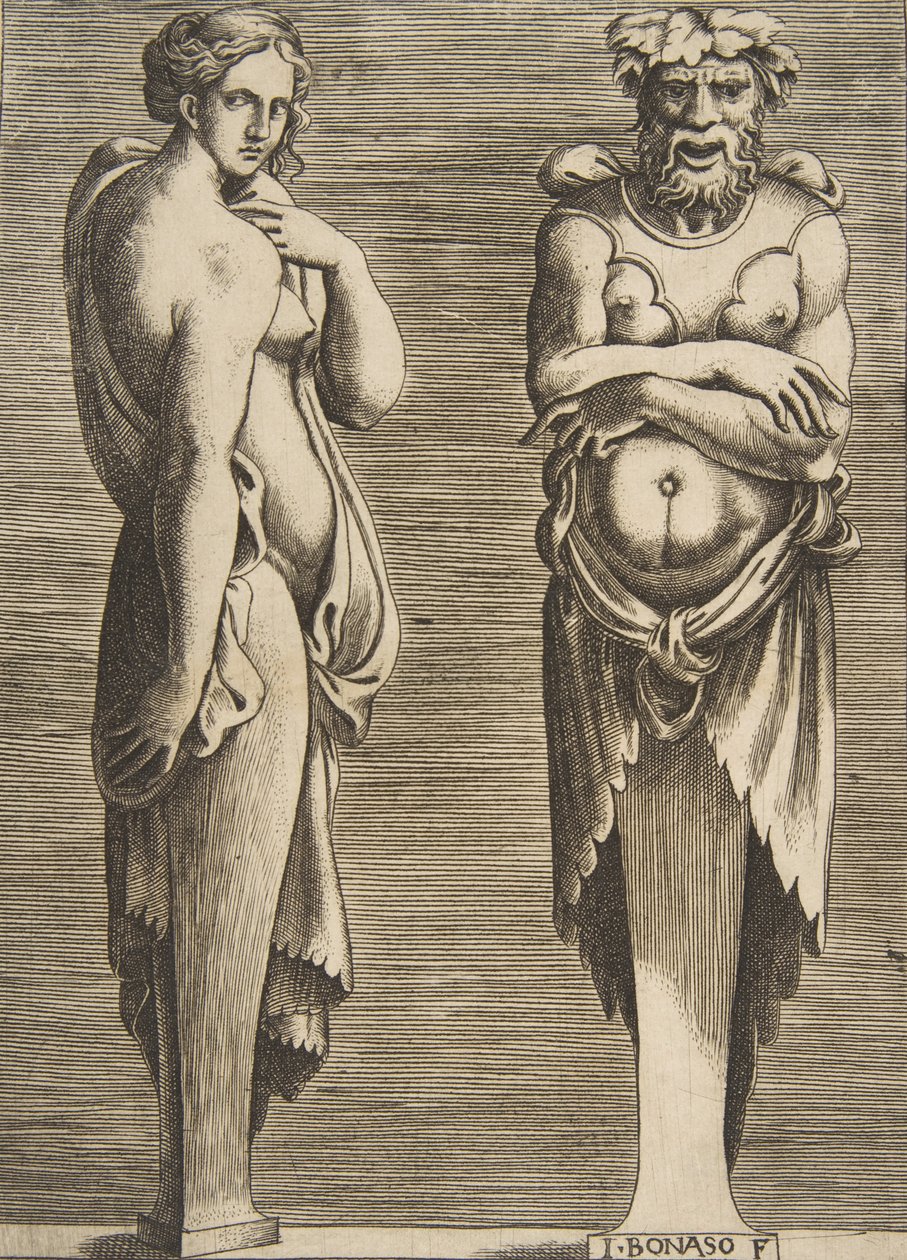 Twee termen, een nimf links Silvanus rechts door Giulio Bonasone