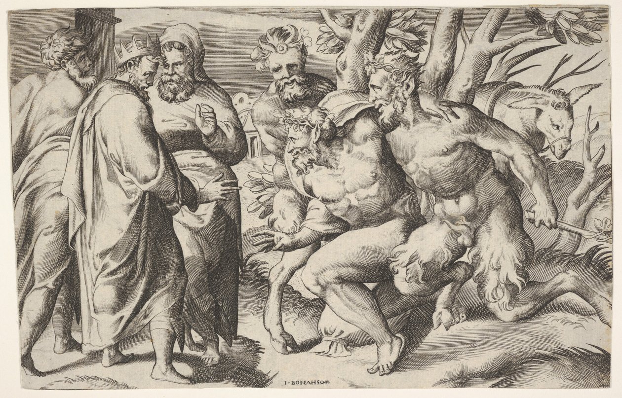 Twee saters leiden Silenus naar koning Midas door Giulio Bonasone