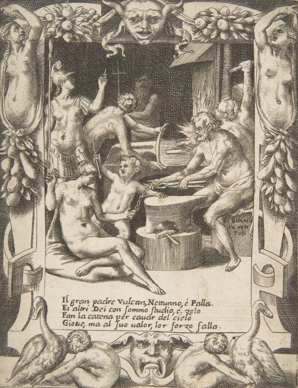 Vulcanus, Neptunus, Athena en andere goden maken boeien om Jupiter uit de hemel te trekken (detail) door Giulio Bonasone