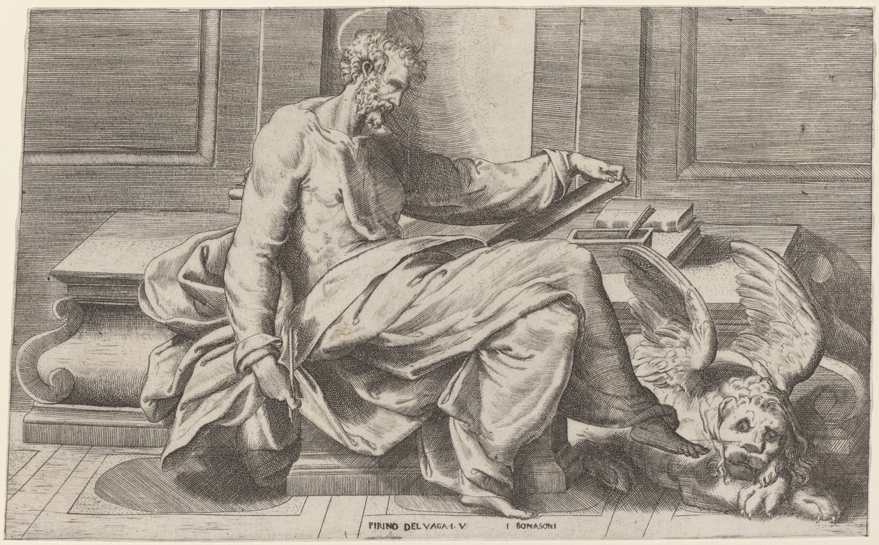 Sint Marcus die Zijn Evangeliën Schrijft door Giulio Bonasone after Perino del Vaga