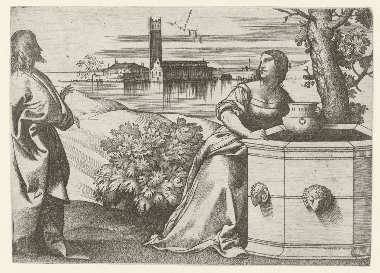 Christus in gesprek met Samaritaanse vrouw bij bron door Giulio Campagnola