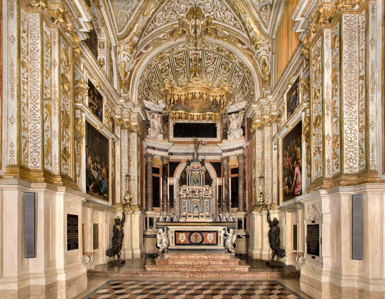 Kapel van het Heilig Sacrament 1569, Francesco Dattaro Project, Decoratie door Giovanni Battista Cambi, Ancona van het Heilig Sacrament, Vernieuwingsproject Malosso door Giulio Campi