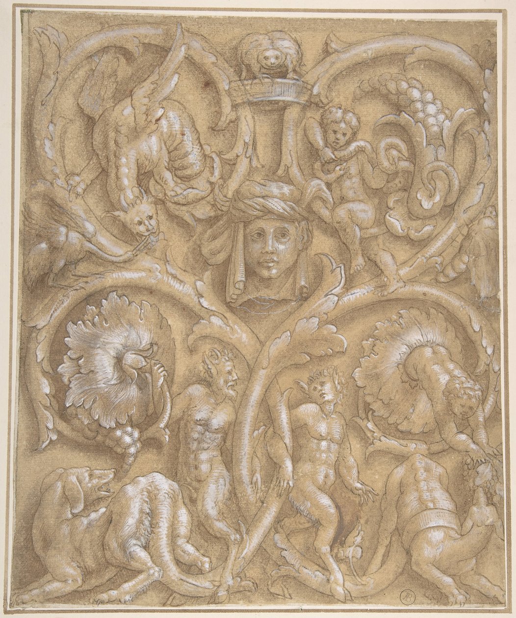 Ontwerp voor een decoratief paneel met rinceaux, saters, putti, monsters en een menselijk hoofd, 1535-45 door Giulio Campi.