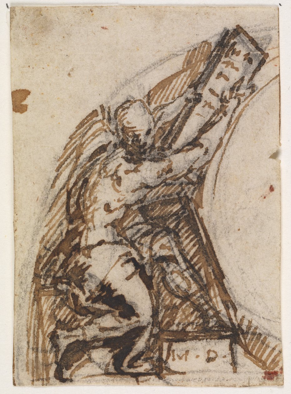 Zittende man met schrijftablet(?). Architectuurdetail door Giulio Campi