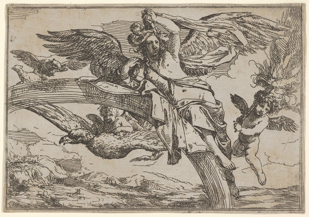 Lucht, voorgesteld door Iris liggend op haar regenboog, vergezeld door een gevleugelde putto door Giulio Carpioni