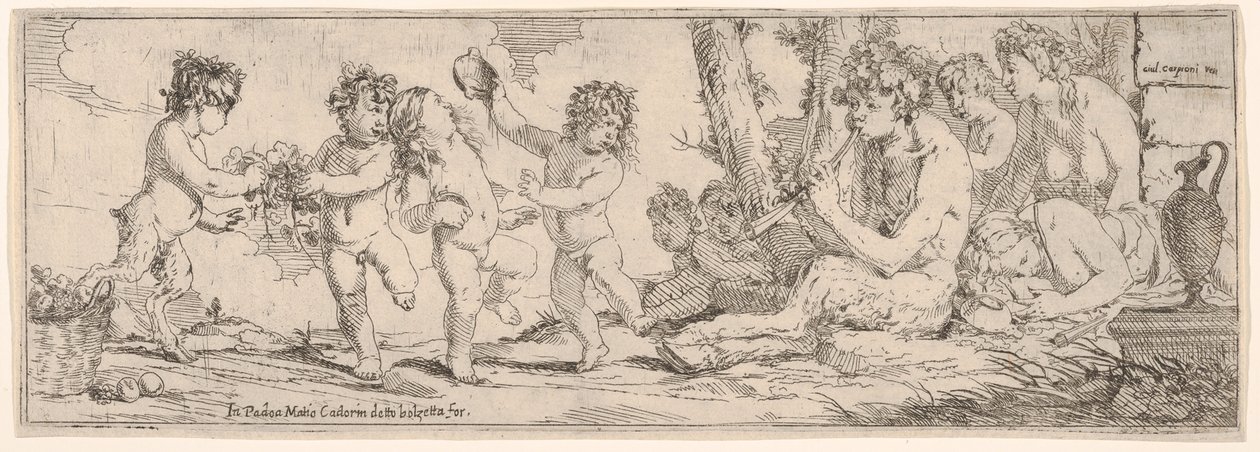Bacchanaal met sater die een luit speelt en omringd door vier figuren, 1640-60 door Giulio Carpioni