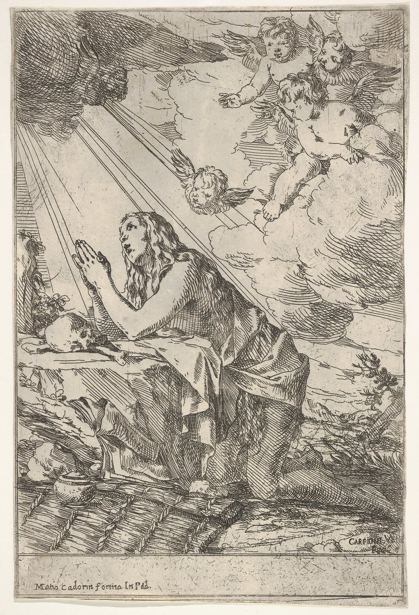 Boetvaardige Magdalena knielend op een rotsachtige grond voor een schedel en botten, een zalfpot, ca. 1640-55 door Giulio Carpioni