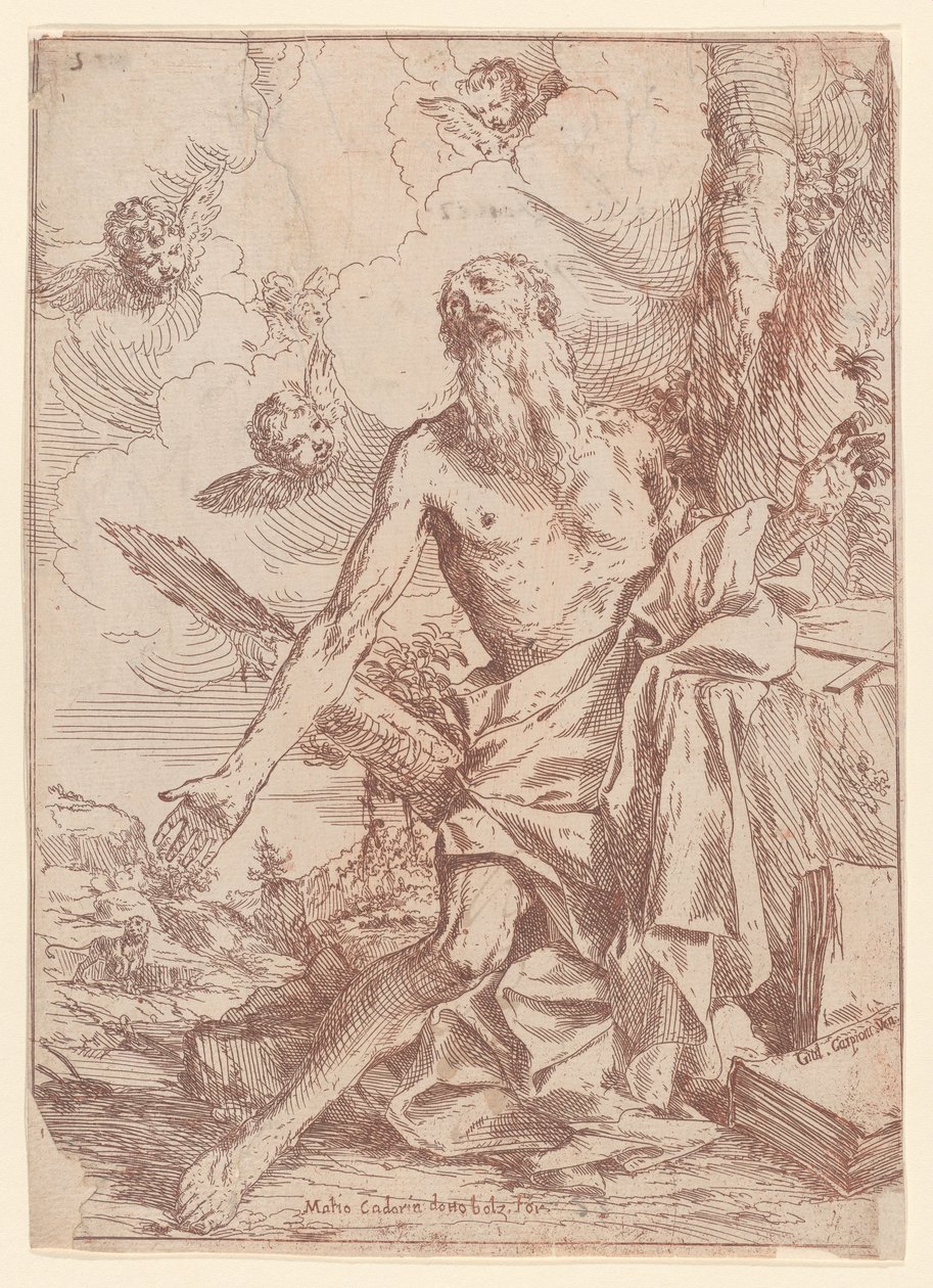 Sint Hiëronymus knielend naast een boom met uitgestrekte armen door Giulio Carpioni