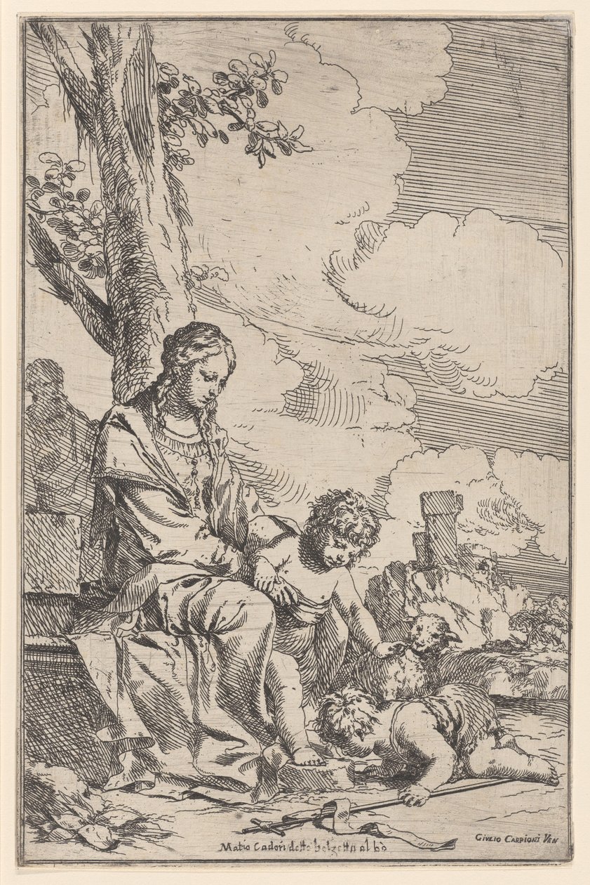 De Heilige Familie met de jonge Sint Jan die de voeten van Christus kust door Giulio Carpioni
