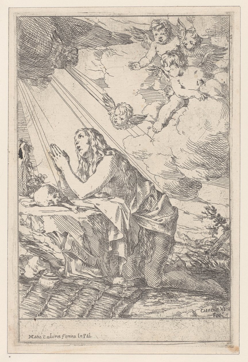 De Berouwvolle Heilige Maria Magdalena, knielend voor een schedel en botten, 1640-60 door Giulio Carpioni