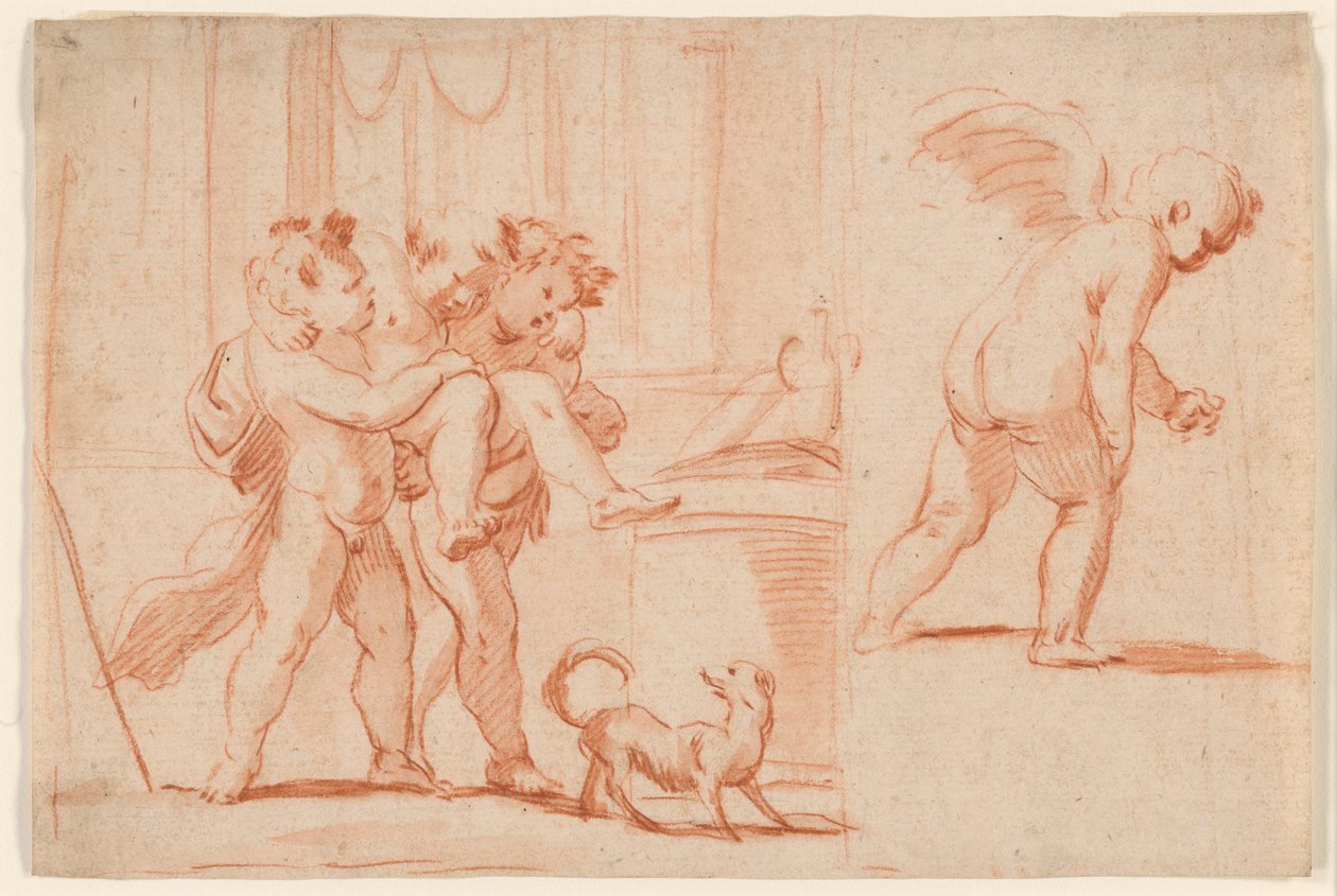 Twee putti dragen een derde putto; een andere putto van achteren door Giulio Carpioni
