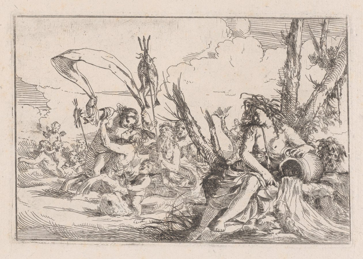 Water, voorgesteld door een najade zittend aan de voet van een boom, 1640-60 door Giulio Carpioni