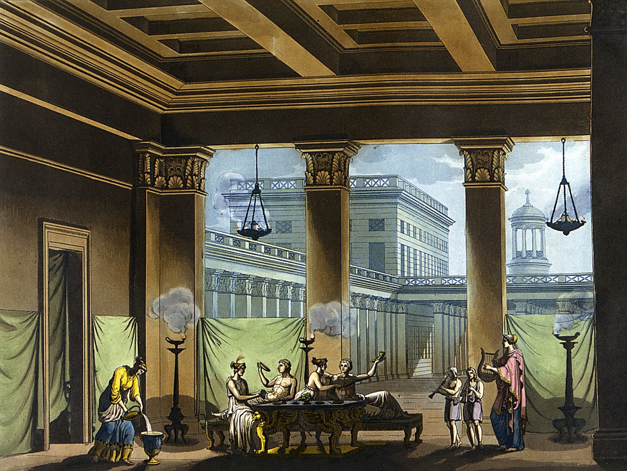 Triclinium verlicht met olielampen in het oude Griekenland: banketscène - in "The old and modern costume" door Jules Ferrario, ed. Milaan door Giulio Ferrario