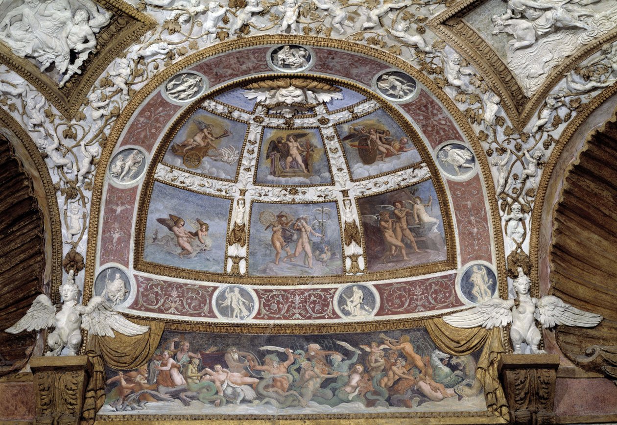 Medaillon van het plafond van de Zaal van de Adelaars van het Paleis van de Té in Mantua door Giulio Romano