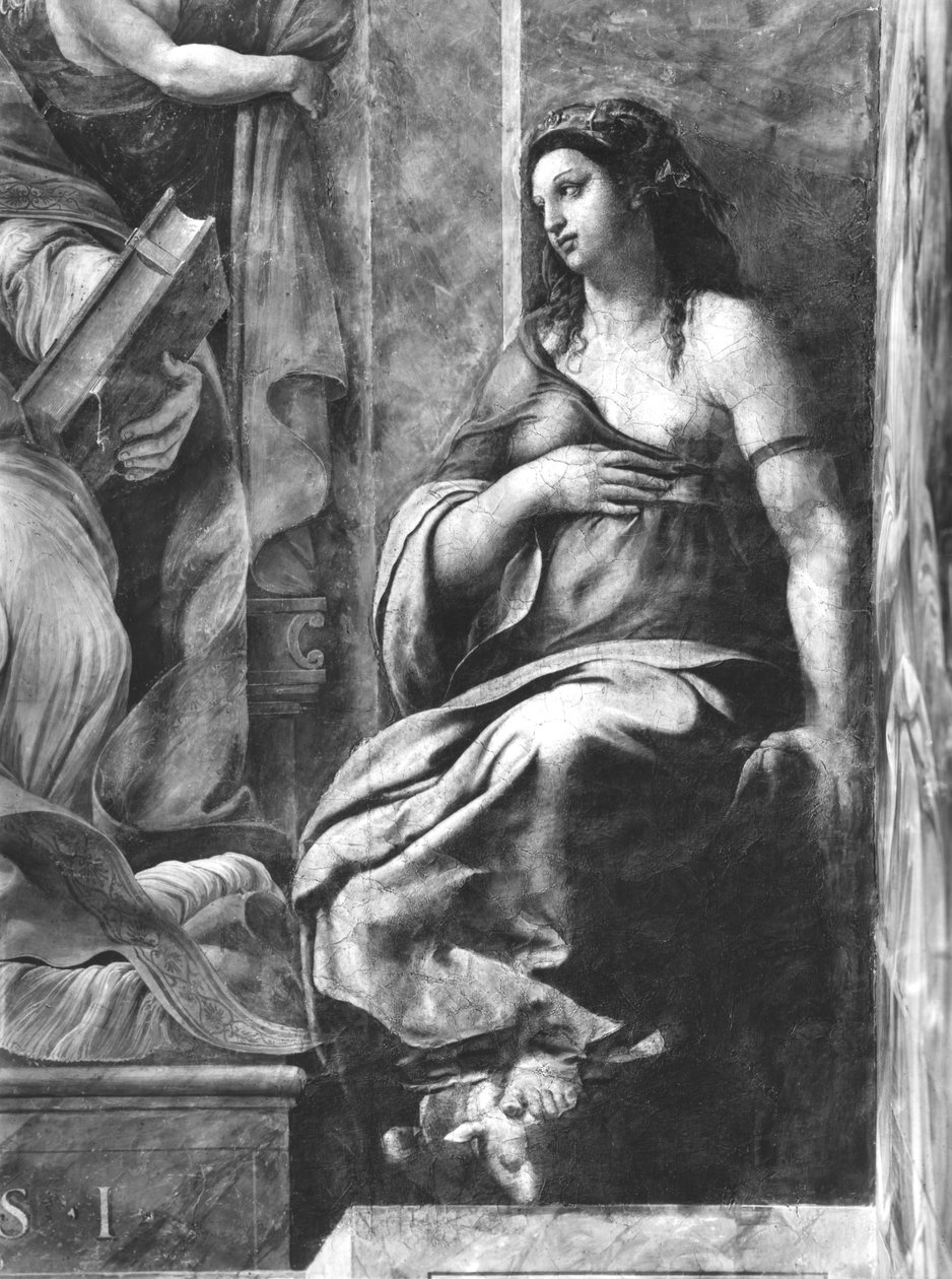 Genade, een van de twee Deugden rondom Paus Clemens I (1-97) (detail) door Giulio Romano