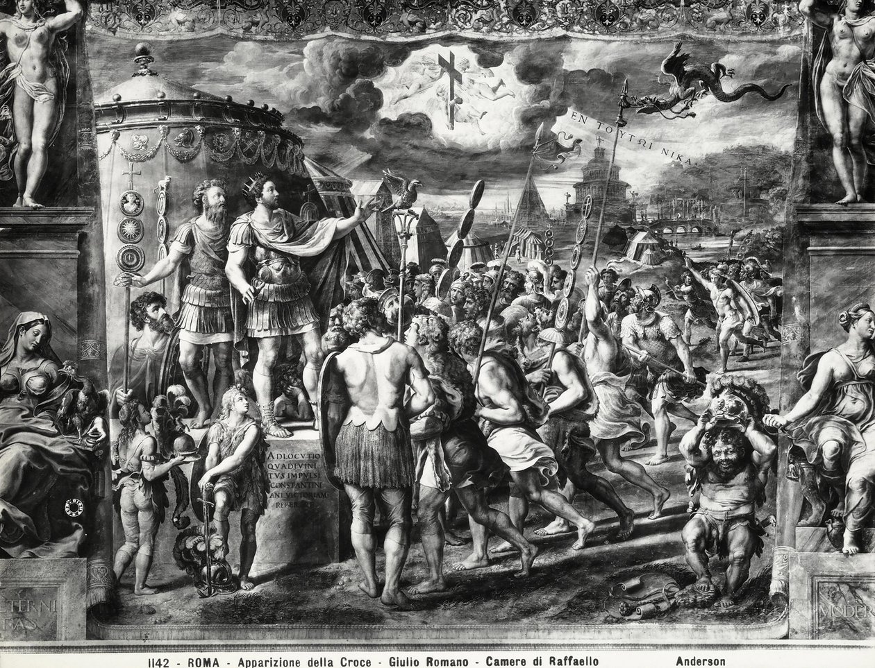 Constantijns Visioen van het Kruis, uit de Sala di Costantino, Raphael Kamers door Giulio Romano