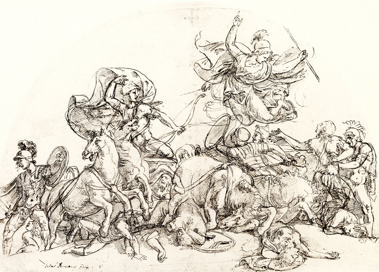 Diomedes, gewond door Pandarus, wordt getroost door Pallas Athene door Giulio Romano