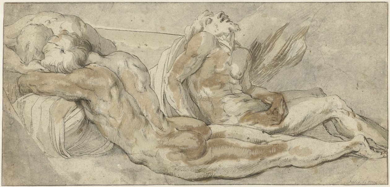 Drie liggende mannen door Giulio Romano