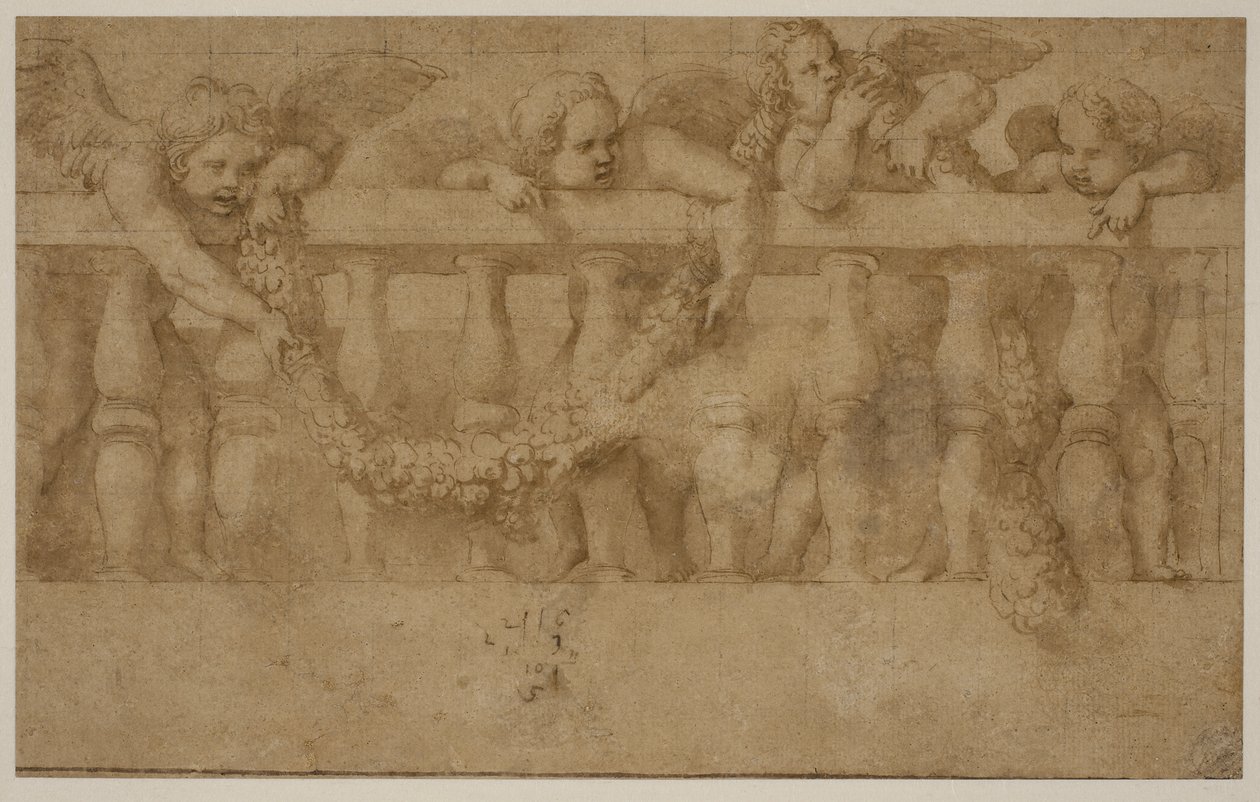 Vier gevleugelde putti die een balustrade versieren met slingers door Giulio Romano