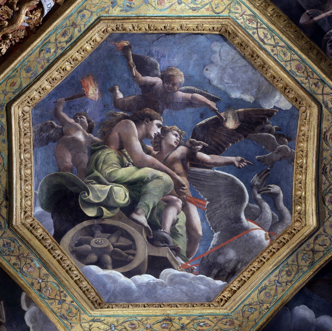 Woedende Venus wijst Psyche aan Cupido om haar te straffen. Fresco door Giulio Pippi de