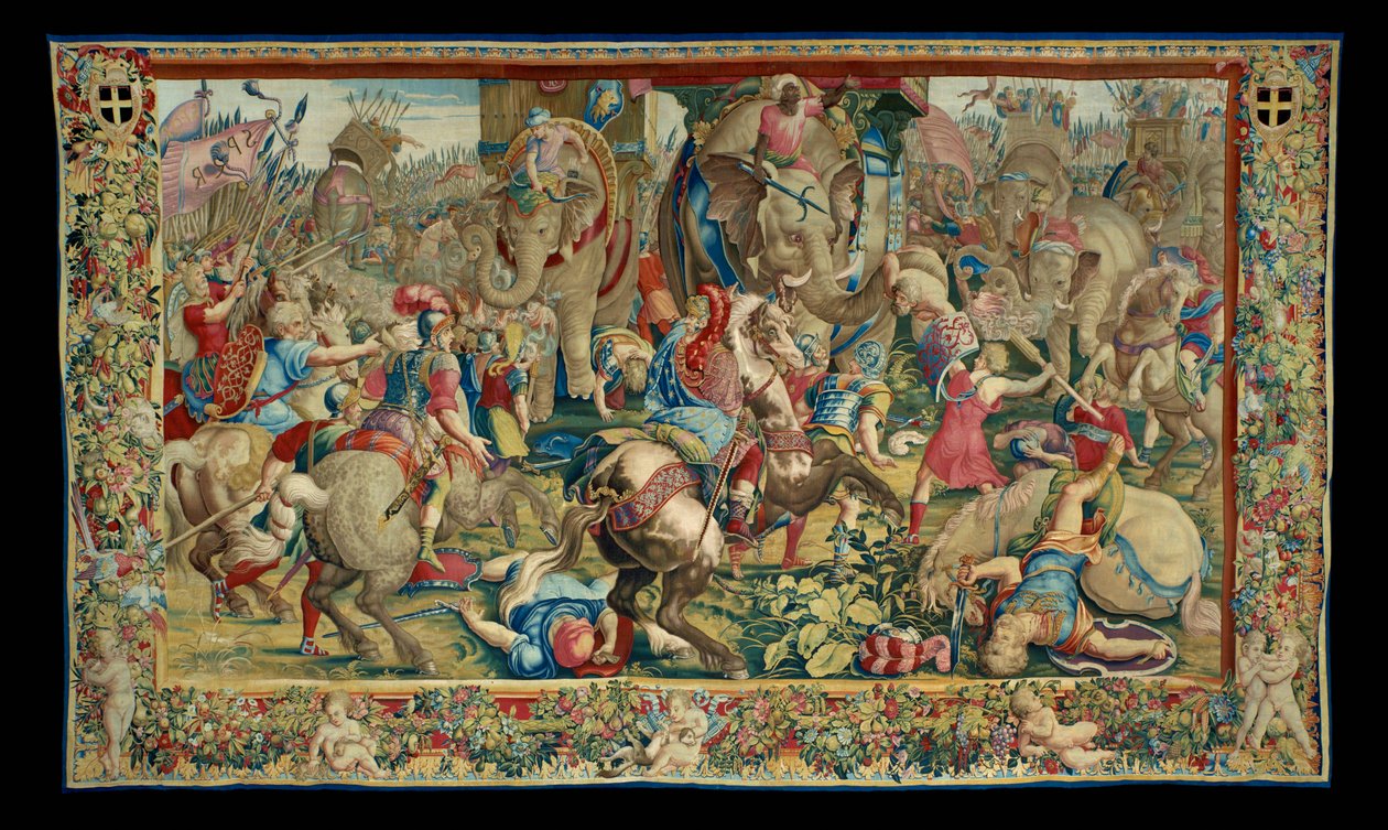 Het verhaal van Scipio: De slag bij Zama de nederlaag van Hanibal, tiende stuk van het wandtapijt, wol en zijde, wandtapijt ... door Giulio Romano