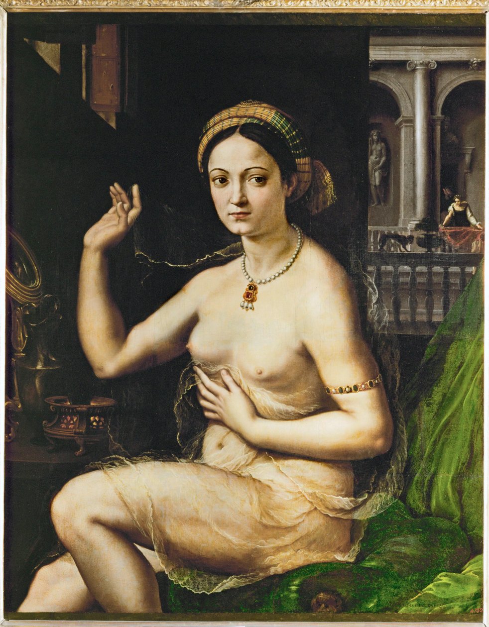 Dame op haar toilet (schilderij op doek) door Giulio Romano