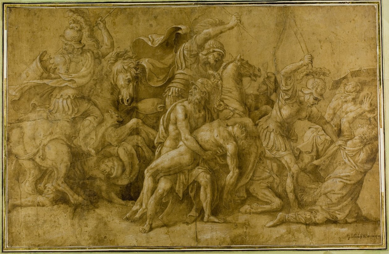 Menelaos houdt het lichaam van Patroklos vast door Giulio Romano