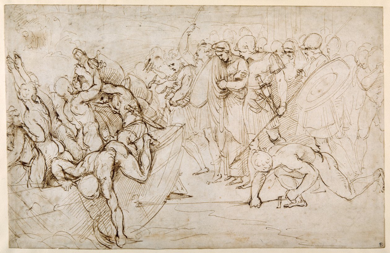 Neoptolemus neemt Andromache mee in gevangenschap na de val van Troje door Giulio Romano